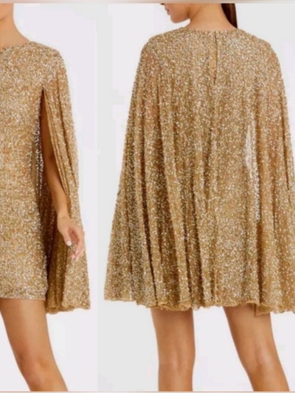 Mac Duggal 5931 Sequined Cape Sleeve Mini Dress in Gold SZ 8 - worn once- Flaw